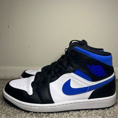 Good Condition, Barely Worn, Us Men Size 9.5, Can Fit Womens Size 11, Light Creases, Comes With Original Box, Definitely Open To Offers, Feel Free To Message :) Zapatillas Aesthetic, Motivational Mugs, Air Jordan 1 Mid White, Jordan 1 Mid White, Blue Black Color, Fit Womens, Jordan Sneakers