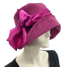 Raspberry Velvet Cloche Hat With Vibrant Satin Scarf Bow | The Eleanor 1920s Hat, Bespoke Hats, Scarf Bow, Large Brim Hat, Vintage Style Hat, 1920 Fashion, Types Of Hats, Satin Scarf, Velvet Hat