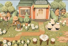 a painting of a garden with teddy bears in the grass and flowers on the ground