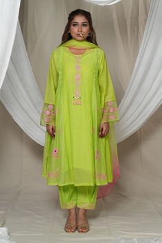 Green A-line kurta with thread and sequin embroidery in floral motifs. Paired with matching embroidered hem salwar, ombre dupatta and slip. - Aza Fashions Spring Chanderi Salwar Kameez With Mirror Work, Spring Chanderi Anarkali Set With Mirror Work, Spring Chanderi Palazzo Set With Mirror Work, Spring Chanderi Dupatta With Mirror Work, Anarkali Sets With Mirror Work For Spring, Traditional Dupatta With Mirror Work For Spring, Spring Anarkali Sets With Mirror Work, Spring Green Salwar Kameez With Mirror Work, Green Mirror Work Salwar Kameez For Spring