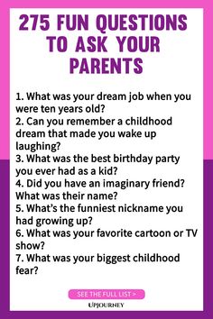 a pink and white poster with the words 25 fun questions to ask your parents