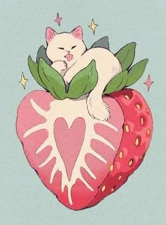 a white cat is sleeping on top of a strawberry with leaves and stars around it