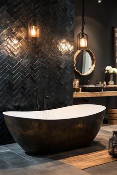 a bathroom with a large bathtub next to a sink and mirror on the wall