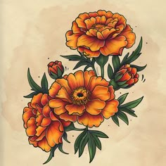 October Birth Flower Tattoo Art Collection Marigold Flower Tattoo Color, American Style Flower Tattoo, Rose And Marigold Tattoo, October Flowers Tattoo, October Flower Tattoo Birth Month, Fall Flower Tattoo, Zinnia Flowers Tattoo, American Trad Flower, Trad Flower Tattoo