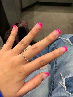 Preppy Nail French Tip, Purple Nails With Pink Tips, Hot Pink Tip Nails Square, Hot Pink French Tip Nails Coffin Short, Kids French Tip Nails Short, Hot Pink French Nails Square, Short Coffin Hot Pink Nails, Summer French Tip Nails Square Short, Preppy Nail Inspo French Tip