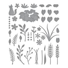 the silhouettes of flowers and leaves are shown in grey on a white background,