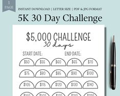 a printable 5k 30 day challenge is on the table next to a pen