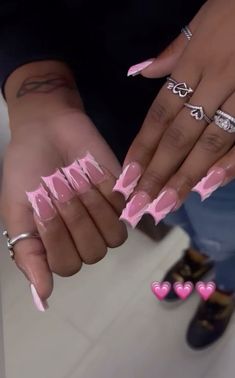 French Tip Nails With Pink Design, Pink French Tip Design Nails, Valentines Nails Black Women, Pink Shorties Nails, Pink Base French Tip Nails, Pink Nail Inspo Square, French Tip With Design Acrylic, Valentine’s Day Nails Ideas, Basic Pink Nails