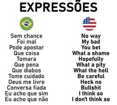 some words that are in different languages on a white background with an american and brazilian flag