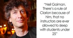 a man with curly hair is looking at the camera and has a quote from neil gaiman