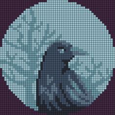 a pixellated image of a black bird in front of a full moon