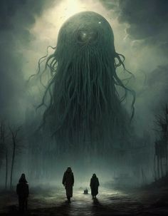 two people are walking in front of an enormous monster like creature with long, curly hair