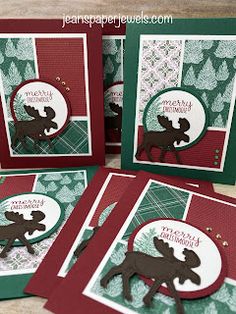 four christmas cards made with stampin's merry moose dieing dies and paper punch