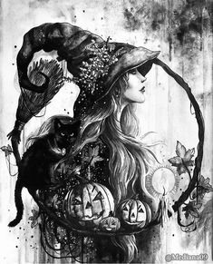 a black and white drawing of a witch with her cat