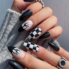 Super Cute And Stylish Ships In 5-10 Business Days Ongles Goth, Rock Nails, Checkered Nails, Black Flame, Punk Nails, Goth Nails, Grunge Nails, Almond Nails Designs, Fake Nail