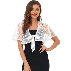 An elegant shrug with a flowy trim offers a charming look for day or night. It is designed with a cropped fit and a tie front design for a comfortable fit. This lace floral cardigan features a ruffle hem and cropped fit, perfectly covered up with sleeveless dresses for a wedding/evening look. Suitable for casual, work, date, wedding, evening parties, cocktails, night out, and daily wear. Modern and elegant, this cardigan style with softly lace fabric. A must-have item in your clothing wardrobe, Elegant Cropped Shrug For Spring, Elegant Cropped Spring Shrug, Elegant Spring Wrap Shrug, White Party Shrug For Spring, Elegant Shrug, Cocktails Night, Dresses For A Wedding, Clothing Wardrobe, Cardigan Shrug