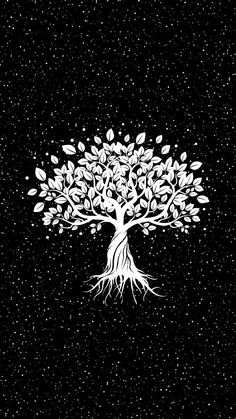 a tree with white leaves and roots on a black background, in the night sky