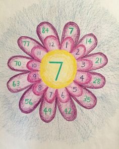 a drawing of a pink flower with the number seven on it's center surrounded by numbers