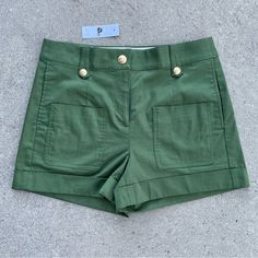 New With Tag J. Crew Patch Pocket Suit Short In Lightweight Chino, Size 0 Utility Green Color. High Rise With Six Pockets And Gold Button Accents. Zipper And Button Closure. In Excellent Condition. Retailed For $98 And Currently On Their Website. Approximate Dimensions- 14”-14.5” Across Waist 10” Rise 3” Inseam Please Let Me Know If You Have Any Questions Or Would Like More Photos/Measurements. Final Sale. J Crew Shorts, Green And Gold, More Photos, Green Color, Patch Pocket, Final Sale, J Crew, High Rise, Let Me