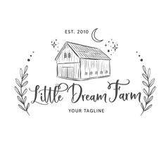 the little dream farm logo is shown with an illustration of a barn and leaves on it