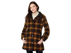 Pendleton Sage-Berber Plaid Shacket - Women's Clothing : Saddle Plaid : Sport a vintage-inspired look while keeping yourself warm and cozy wearing the Pendleton Sage-Berber Plaid Shacket. Part of the Pendleton Dry Goods collection. Fleece shirt jacket with a breathable cotton muslin fabric lining. Allover classic plaid pattern. Classic stand-up collar with a soft knit backing. Long sleeves with buttoned cuffs. Center-front snap-button closure. Two hand pockets for added convenience. Side slits o Plaid Shacket, Muslin Fabric, Dry Goods, Cotton Muslin, Muslin Cotton, Plaid Pattern, Flannel Shirt, Soft Knits, Snap Button