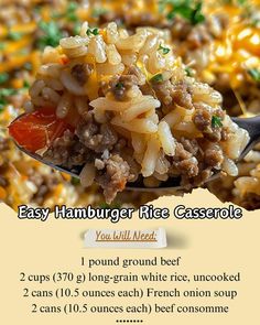 a recipe for hamburger rice casserole on a spoon