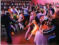 a painting of people dancing in a bar