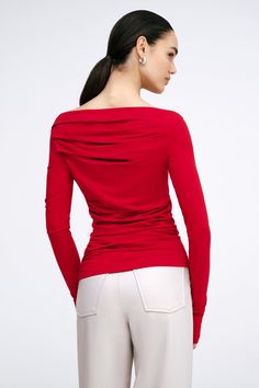 When you want to feel dressed up but not overdone, reach for our Cooper Top. In soft, high-stretch and eco-friendly European jersey, she offers soft folds and gathered sides that create a unique draped look on both front and back. Her wide boat neckline can be worn on- or off-shoulder, allowing you to switch her up for day or night. Cuffs and thumbholes provide additional visual interest. | Mily, in red, is 5'10" (178 cm) tall, wearing size XS. Sam, in red, in orchid pink, in slate grey, and in Fall Red Elastane Tops, Red Elastane Party Top, Red Elastane Tops For Spring, Chic Red Fitted Top, Red Party Top, Top Clothing, Slate Grey, Boat Neckline, Pale Yellow