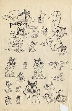 an old paper with various cartoon character drawings on it's side and the words pussyfoot written in black ink