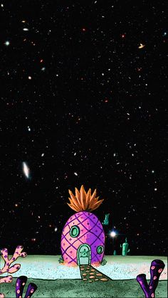 a painting of a pineapple on top of a hill with stars in the background