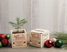 a small christmas tree in a wooden box next to other ornaments on a wood table