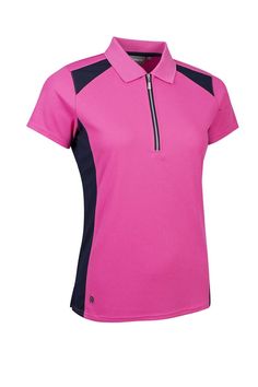 a women's pink and black polo shirt with zippers on the collar, short sleeves