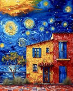 a painting of a house and the night sky