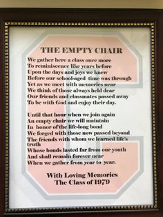 the empty chair poem framed in wood with gold trimmings and border around it