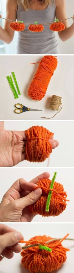 there are three pictures showing how to make crochet carrots with yarn and scissors