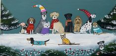 a painting of dogs wearing sweaters and hats sitting in the snow with trees behind them