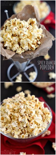 two different views of popcorn in a bowl