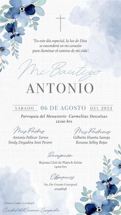 a blue and white wedding card with watercolor flowers on the front, in spanish