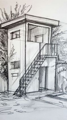 a drawing of a house with stairs leading up to it