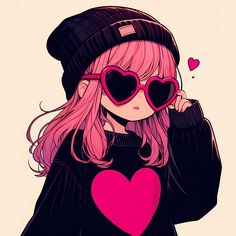 a girl with pink hair wearing heart shaped sunglasses and a beanie on her head