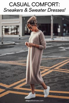 For a laid-back yet stylish look, pair your knee-length sweater dress with trendy sneakers. This combo is ideal for weekend brunches or casual outings. Curious about more casual outfit ideas? Check out my blog for more inspiration! Dresses Sneakers, 15 Shoes, Knee Length Sweater, Casual Outfit Ideas, Trendy Sneakers