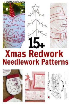 the cover of 15 christmas redwork needlework patterns, with images of handmade ornaments and