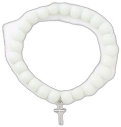 White Adjustable Hypoallergenic Rosary Bracelet, White Cross Bracelet Spiritual Style, White Spiritual Rosary Bracelet With 8mm Beads, White Cross Rosary Bracelet, White Spiritual Rosary Bracelet With Cross, White Cross Rosary Bracelet For First Communion, Spiritual White Stretch Bracelet With Letter Beads, White Adjustable Cross Rosary Bracelet, White Spiritual Stretch Bracelet With Letter Beads