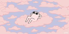 a cartoon character floating in the sky with clouds and sun glasses on his head,