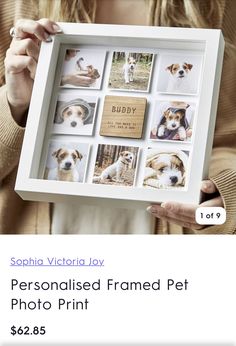 a woman holding up a framed photo with dogs on it's side and the words personalised framed pet photos in front of her