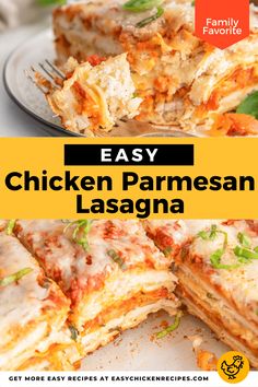 easy chicken parmesan lasagna recipe on a plate with the title overlay