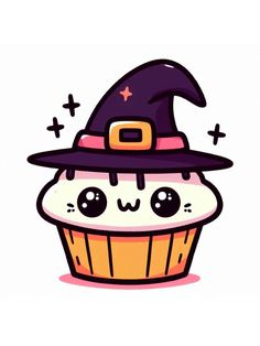 a cartoon cupcake with a witches hat on it's top and eyes closed