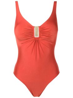 burnt orange stretch-design ruched detailing gold-tone logo plaque sweetheart neck sleeveless open back rear clasp fastening Be mindful to try on swimwear over your own garments. Gold Sleeveless Swimwear For Pool, Elegant Gold Swimwear, Swimsuit Orange, Ruched Swimsuit, Orange Swimsuit, Logo Items, Be Mindful, Sweetheart Neck, Nanny