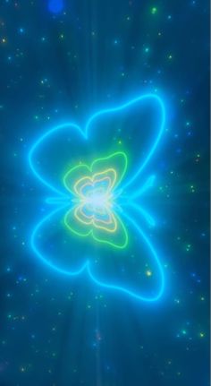 an image of a neon flower in the middle of some dark blue and green lights