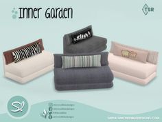 three different types of couches with pillows on them and the words inner garden written below